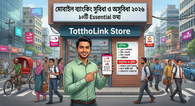 বাংলাদেশে মোবাইল ব্যাংকিং সুবিধা ও অসুবিধা ২০২৬ সংক্রান্ত ইনফোগ্রাফিক