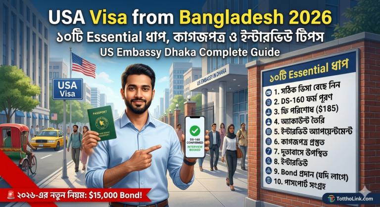 USA Visa from Bangladesh 2026 আবেদন ধাপ ও বন্ড নিয়মের ইনফোগ্রাফিক